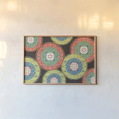 Otomi Cats VI Dark by Veronique Charron. shown as a paper print in a natural frame. Available as a archival giclee rolled canvas, fine art paper, or poster print. SKU 43846i.