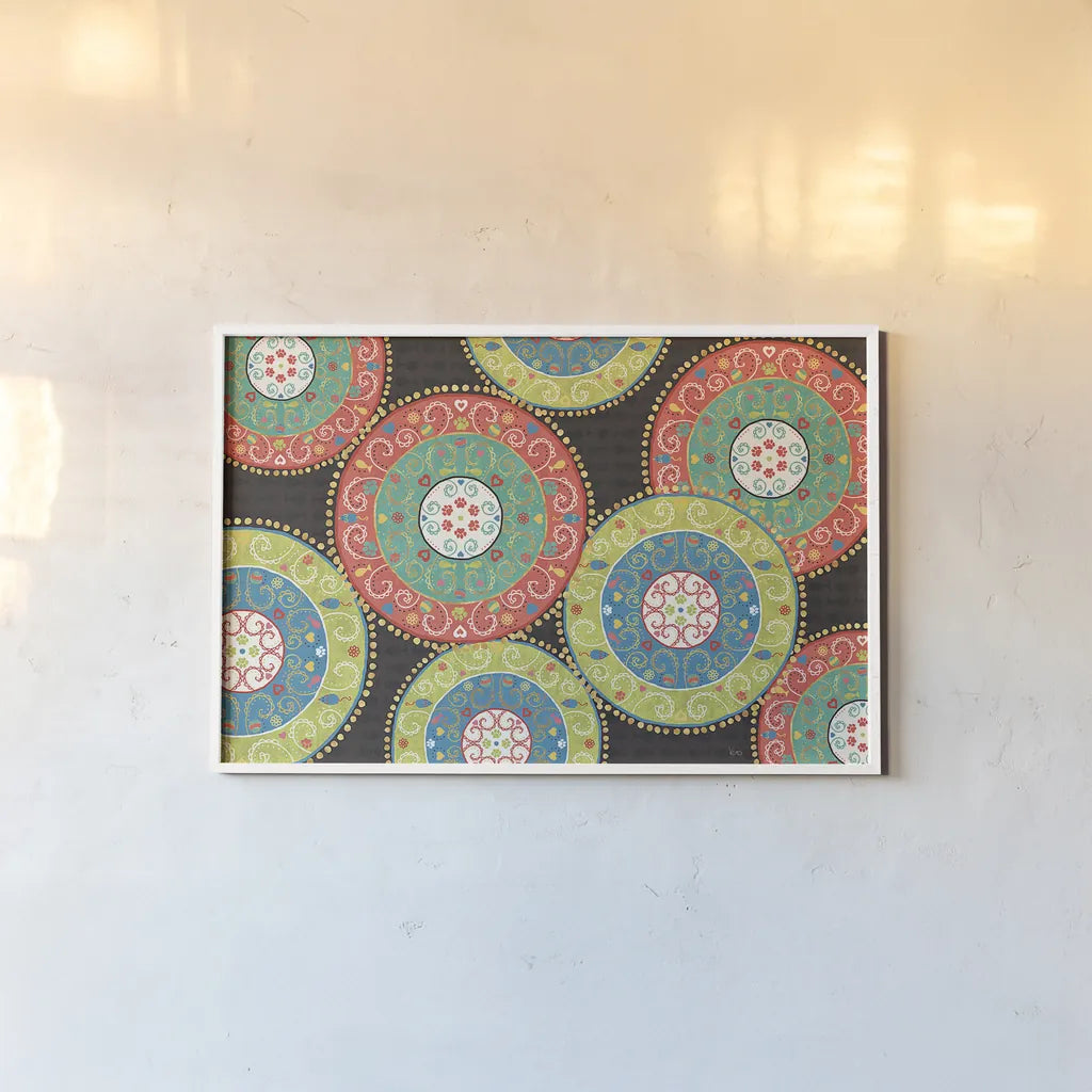 Otomi Cats VI Dark by Veronique Charron. shown as a paper print in a white frame. Available as a archival giclee rolled canvas, fine art paper, or poster print. SKU 43846i.