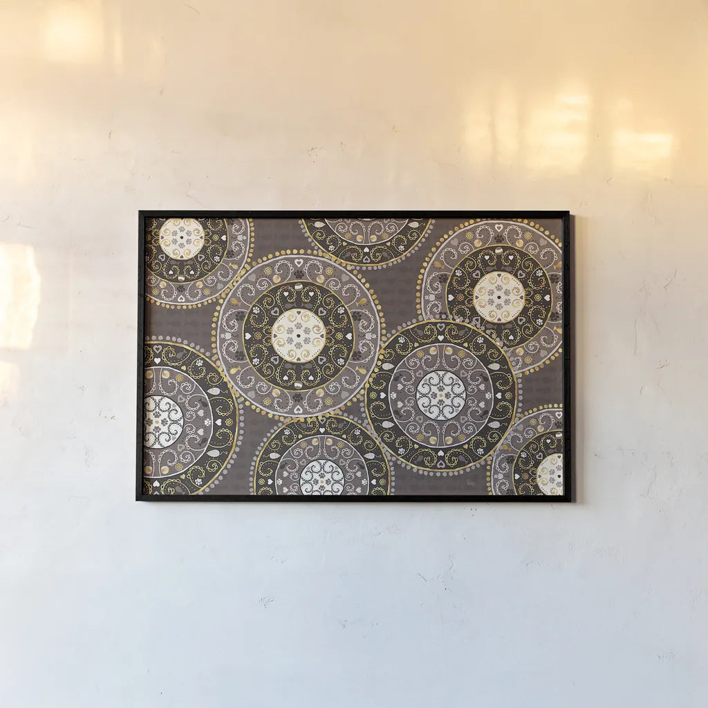 Otomi Cats VI Dark Neutral by Veronique Charron. shown as a paper print in a black flame. Available as a archival giclee rolled canvas, fine art paper, or poster print. SKU 43852i.