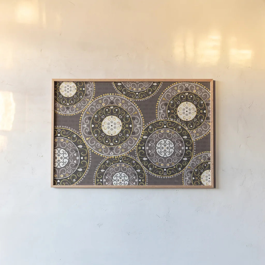 Otomi Cats VI Dark Neutral by Veronique Charron. shown as a paper print in a natural frame. Available as a archival giclee rolled canvas, fine art paper, or poster print. SKU 43852i.