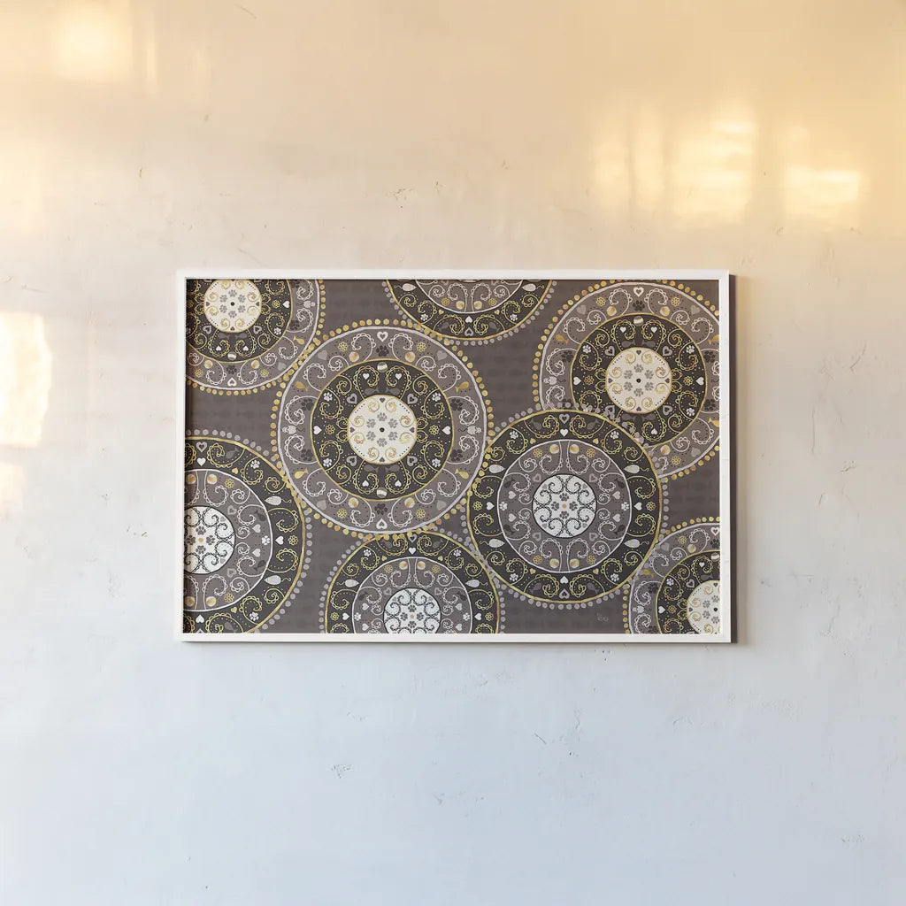 Otomi Cats VI Dark Neutral by Veronique Charron. shown as a paper print in a white frame. Available as a archival giclee rolled canvas, fine art paper, or poster print. SKU 43852i.