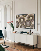 Otomi Cats VI Neutral by Veronique Charron. shown as a framed stretched canvas in a living room above a console. Available as a archival giclee rolled canvas, fine art paper, or poster print. SKU 43858i.