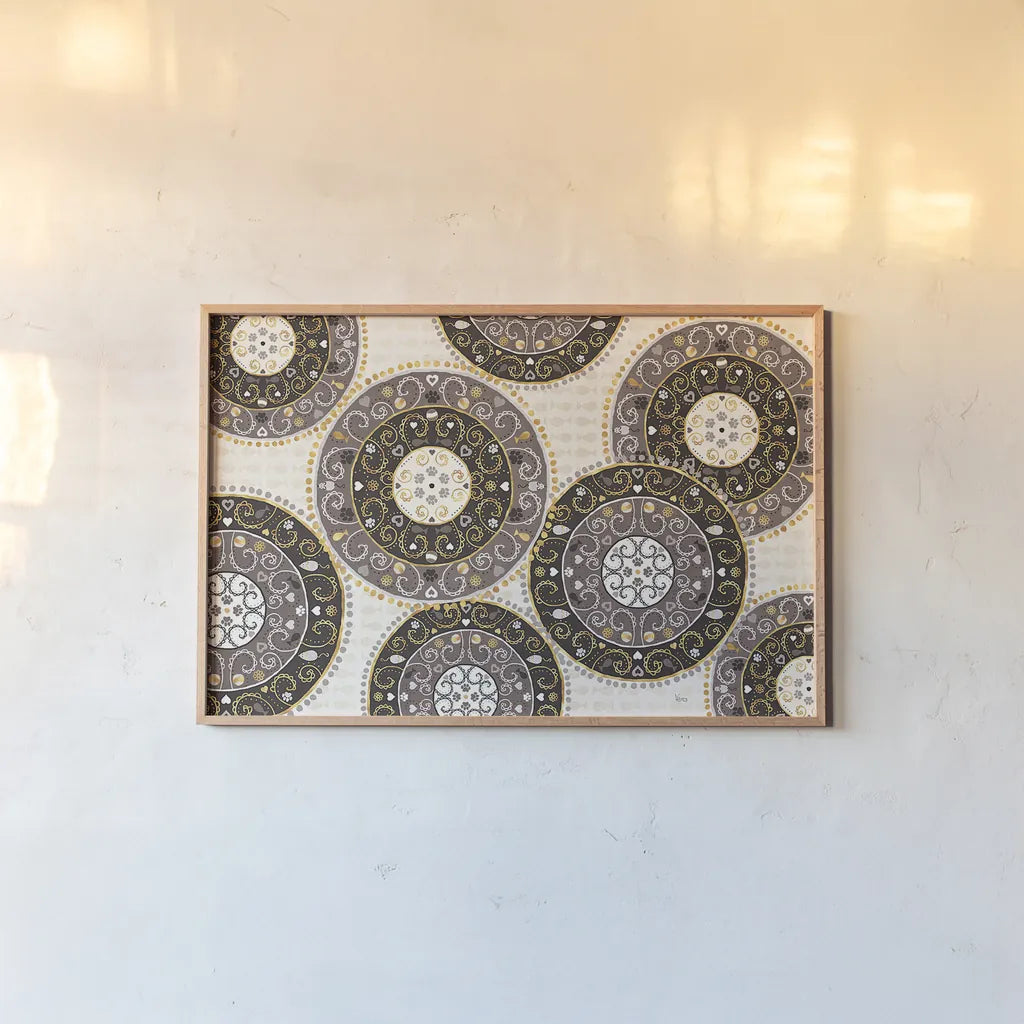 Otomi Cats VI Neutral by Veronique Charron. shown as a paper print in a natural frame. Available as a archival giclee rolled canvas, fine art paper, or poster print. SKU 43858i.