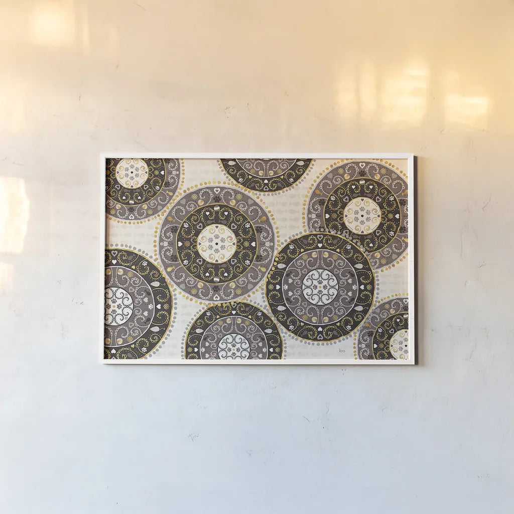 Otomi Cats VI Neutral by Veronique Charron. shown as a paper print in a white frame. Available as a archival giclee rolled canvas, fine art paper, or poster print. SKU 43858i.