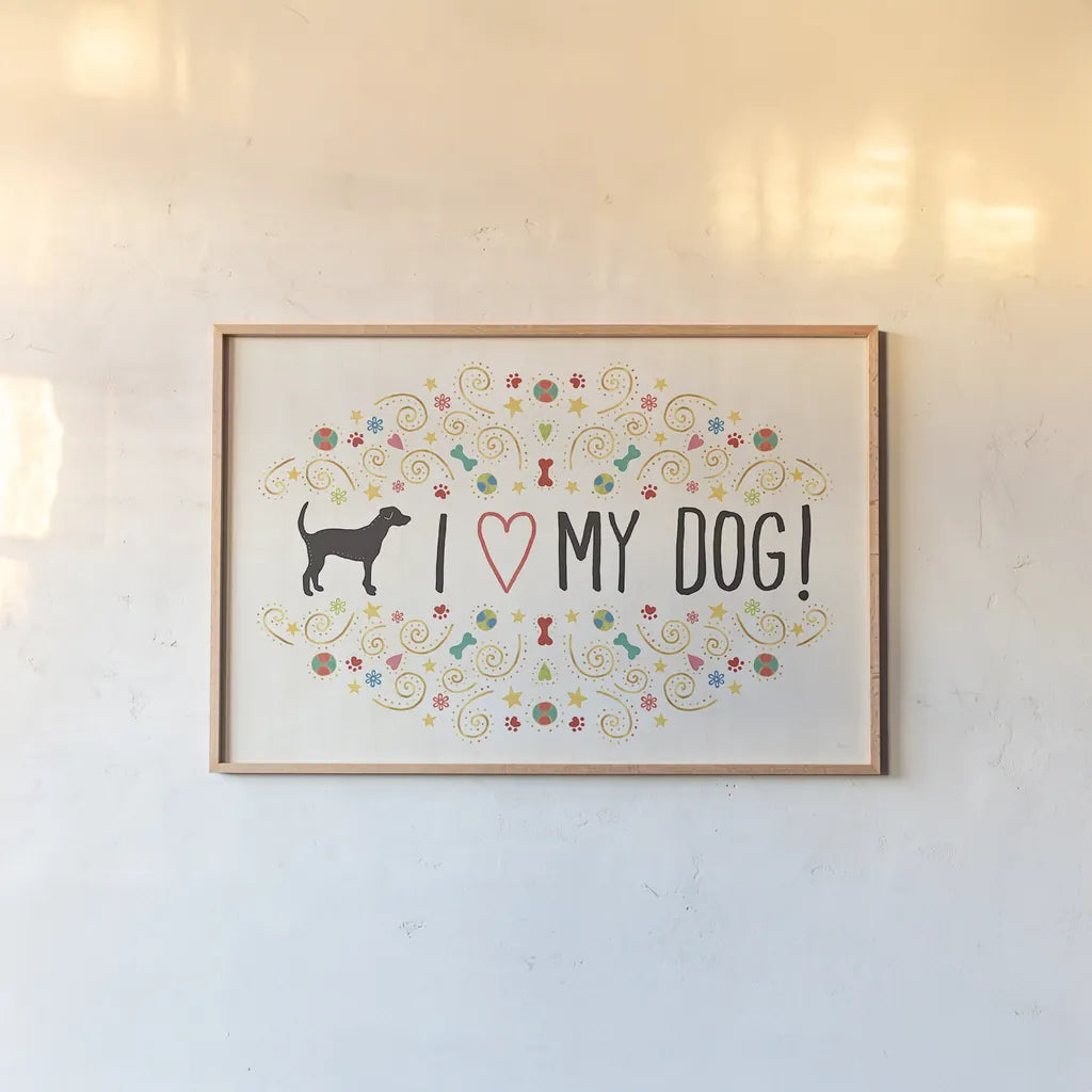 Otomi Dogs I by Veronique Charron. shown as a paper print in a natural frame. Available as a archival giclee rolled canvas, fine art paper, or poster print. SKU 44027i.