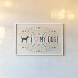 Otomi Dogs I by Veronique Charron. shown as a paper print in a white frame. Available as a archival giclee rolled canvas, fine art paper, or poster print. SKU 44027i.