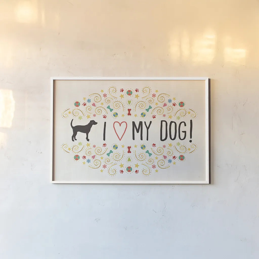 Otomi Dogs I by Veronique Charron. shown as a paper print in a white frame. Available as a archival giclee rolled canvas, fine art paper, or poster print. SKU 44027i.