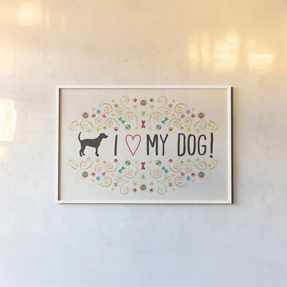 Otomi Dogs I by Veronique Charron. shown as a paper print in a white frame. Available as a archival giclee rolled canvas, fine art paper, or poster print. SKU 44027i.