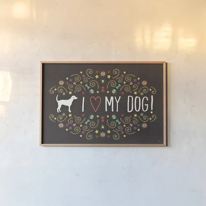 Otomi Dogs I Dark by Veronique Charron. shown as a paper print in a natural frame. Available as a archival giclee rolled canvas, fine art paper, or poster print. SKU 44033i.