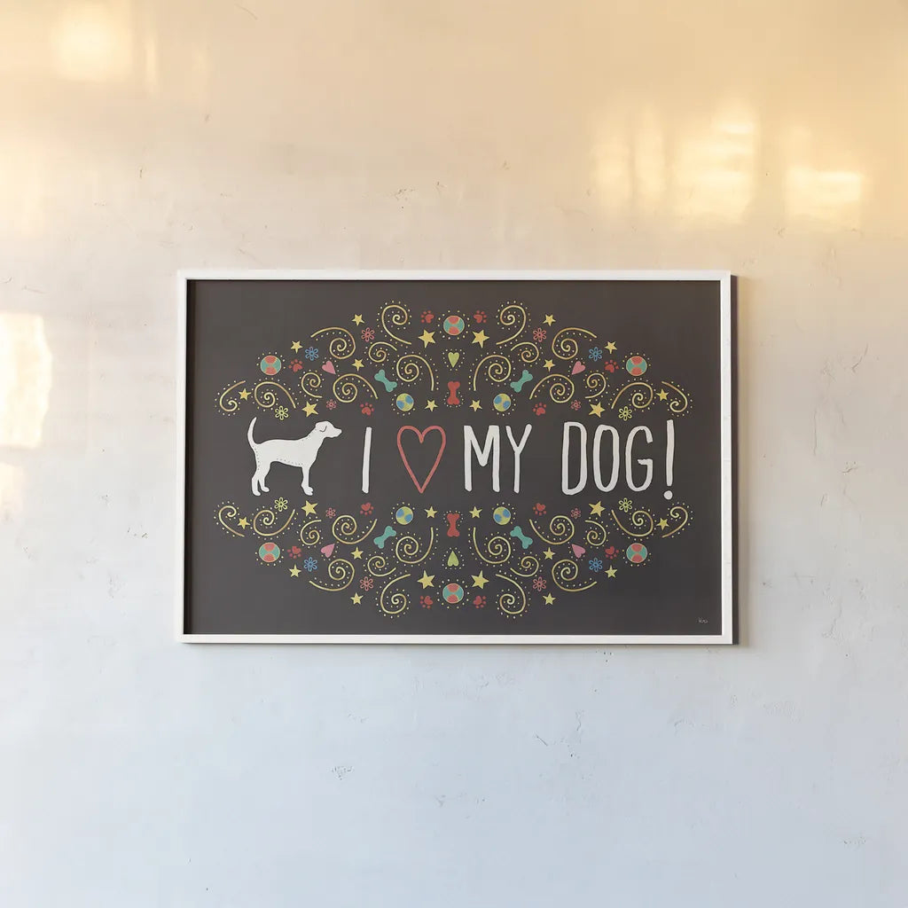 Otomi Dogs I Dark by Veronique Charron. shown as a paper print in a white frame. Available as a archival giclee rolled canvas, fine art paper, or poster print. SKU 44033i.