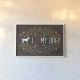 Otomi Dogs I Dark by Veronique Charron. shown as a paper print in a white frame. Available as a archival giclee rolled canvas, fine art paper, or poster print. SKU 44033i.
