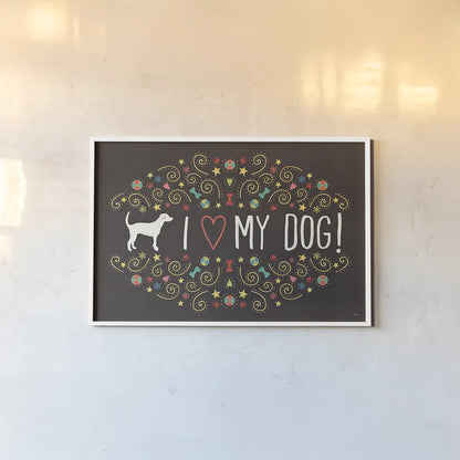 Otomi Dogs I Dark by Veronique Charron. shown as a paper print in a white frame. Available as a archival giclee rolled canvas, fine art paper, or poster print. SKU 44033i.