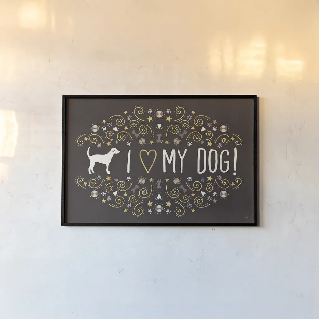 Otomi Dogs I Dark Neutral by Veronique Charron. shown as a paper print in a black flame. Available as a archival giclee rolled canvas, fine art paper, or poster print. SKU 44039i.