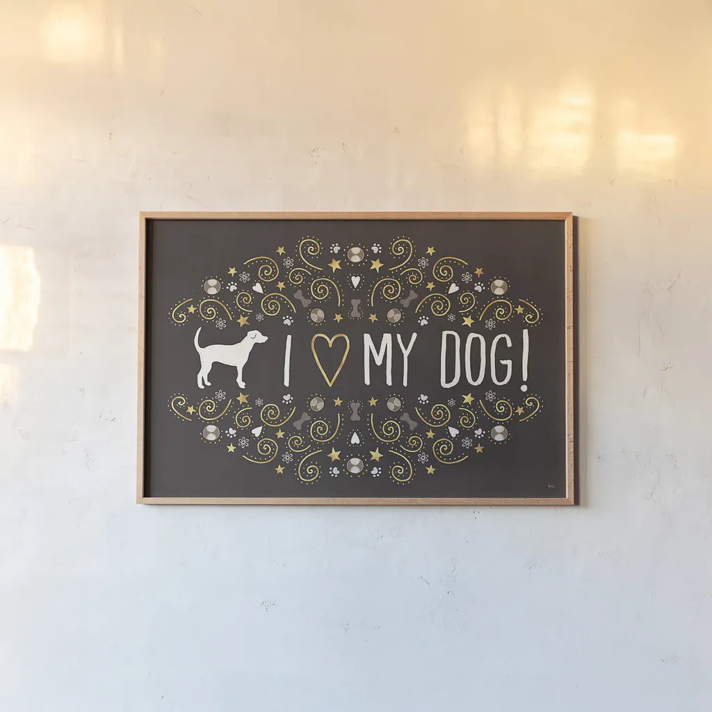 Otomi Dogs I Dark Neutral by Veronique Charron. shown as a paper print in a natural frame. Available as a archival giclee rolled canvas, fine art paper, or poster print. SKU 44039i.