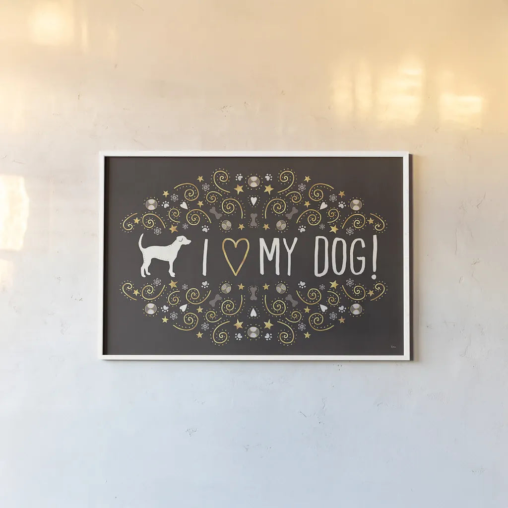 Otomi Dogs I Dark Neutral by Veronique Charron. shown as a paper print in a white frame. Available as a archival giclee rolled canvas, fine art paper, or poster print. SKU 44039i.