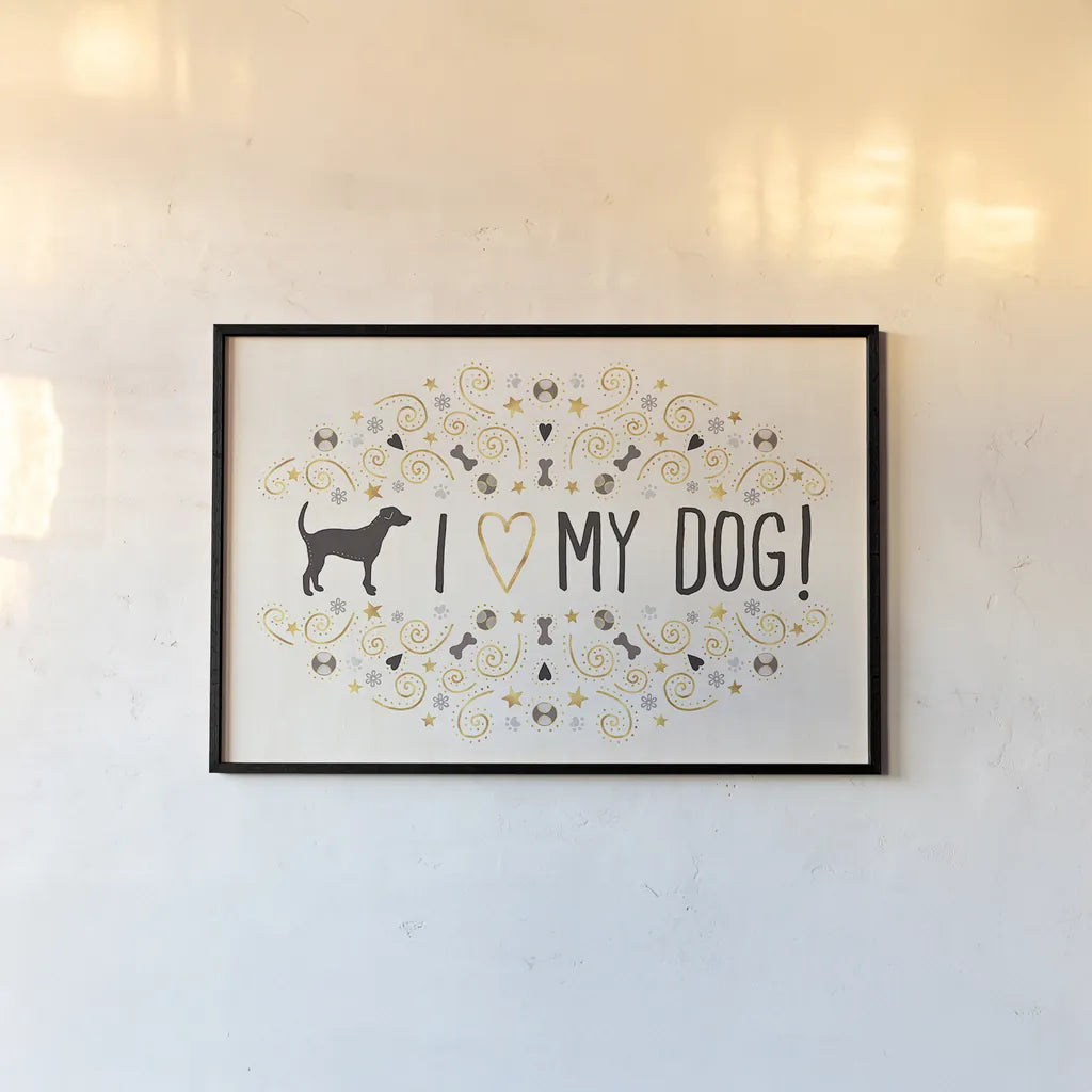 Otomi Dogs I Neutral by Veronique Charron. shown as a paper print in a black flame. Available as a archival giclee rolled canvas, fine art paper, or poster print. SKU 44045i.