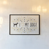Otomi Dogs I Neutral by Veronique Charron. shown as a paper print in a black flame. Available as a archival giclee rolled canvas, fine art paper, or poster print. SKU 44045i.