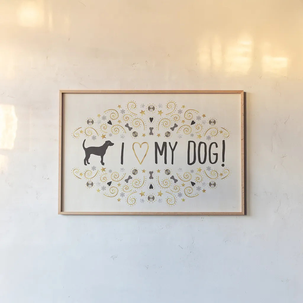 Otomi Dogs I Neutral by Veronique Charron. shown as a paper print in a natural frame. Available as a archival giclee rolled canvas, fine art paper, or poster print. SKU 44045i.