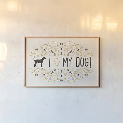 Otomi Dogs I Neutral by Veronique Charron. shown as a paper print in a natural frame. Available as a archival giclee rolled canvas, fine art paper, or poster print. SKU 44045i.