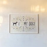 Otomi Dogs I Neutral by Veronique Charron. shown as a paper print in a white frame. Available as a archival giclee rolled canvas, fine art paper, or poster print. SKU 44045i.