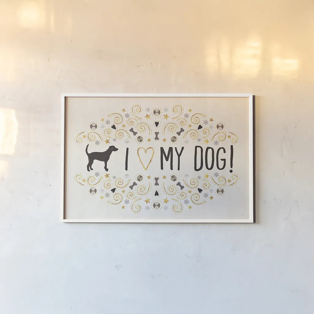 Otomi Dogs I Neutral by Veronique Charron. shown as a paper print in a white frame. Available as a archival giclee rolled canvas, fine art paper, or poster print. SKU 44045i.