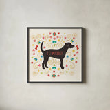 Otomi Dogs II by Veronique Charron. Shown in a sleek black glass frame for a contemporary gallery look. Available as an archival giclee rolled canvas, fine art paper, or poster print. SKU 44028a.