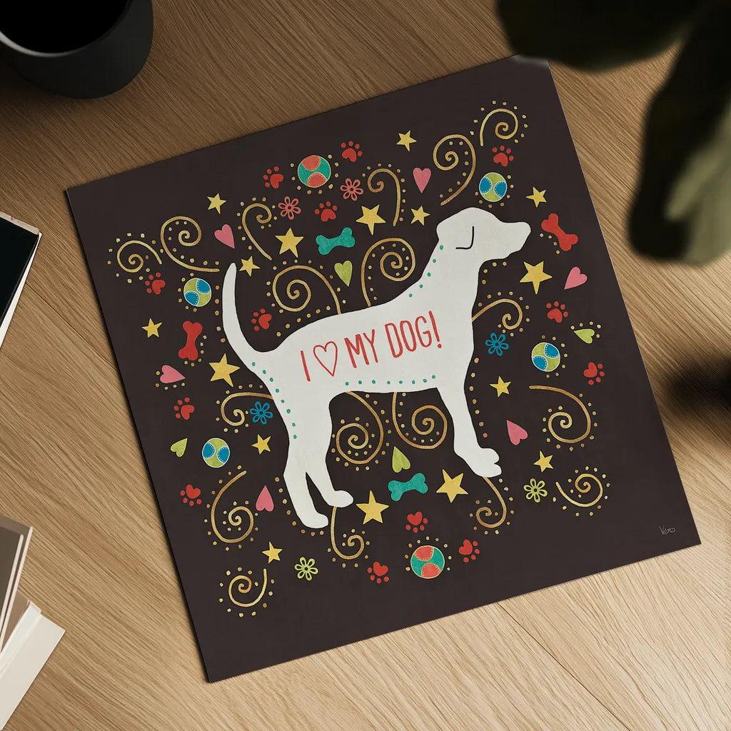 Otomi Dogs II Dark by Veronique Charron. Shown as a detailed flat fine art print, highlighting archival giclee quality. Available as an archival giclee rolled canvas, fine art paper, or poster print. SKU 44034a.