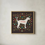Otomi Dogs II Dark by Veronique Charron. Shown in a natural wood glass frame for a timeless modern aesthetic. Available as an archival giclee rolled canvas, fine art paper, or poster print. SKU 44034a.