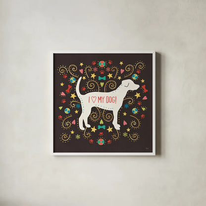 Otomi Dogs II Dark by Veronique Charron. Shown in a crisp white glass frame for a clean and minimalist style. Available as an archival giclee rolled canvas, fine art paper, or poster print. SKU 44034a.