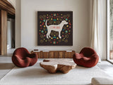 Otomi Dogs II Dark by Veronique Charron. Shown as extra-large giant wall art in a modern living room. Available as an archival giclee rolled canvas, fine art paper, or poster print. SKU 44034a.