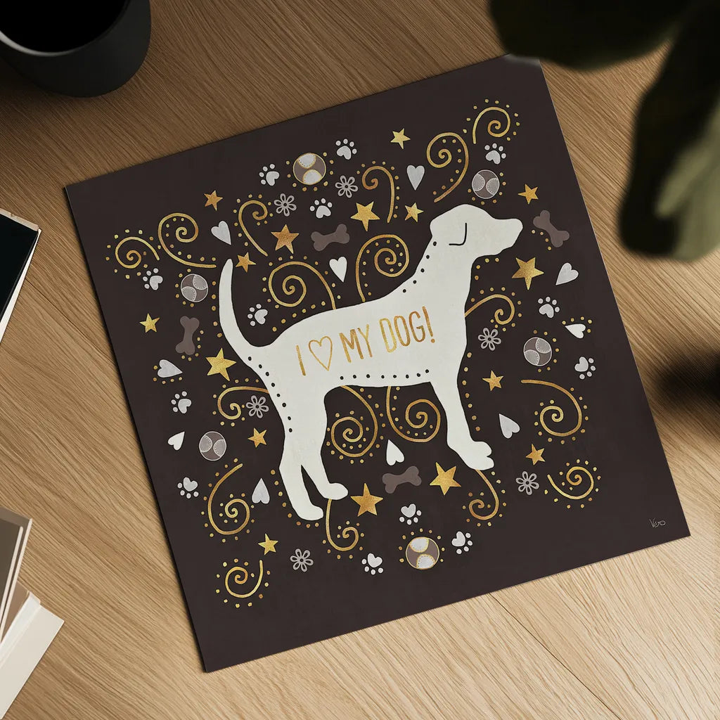 Otomi Dogs II Dark Neutral by Veronique Charron. Shown as a detailed flat fine art print, highlighting archival giclee quality. Available as an archival giclee rolled canvas, fine art paper, or poster print. SKU 44040a.