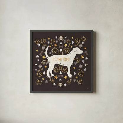Otomi Dogs II Dark Neutral by Veronique Charron. Shown in a sleek black glass frame for a contemporary gallery look. Available as an archival giclee rolled canvas, fine art paper, or poster print. SKU 44040a.