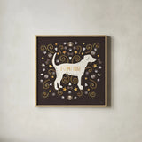 Otomi Dogs II Dark Neutral by Veronique Charron. Shown in a natural wood glass frame for a timeless modern aesthetic. Available as an archival giclee rolled canvas, fine art paper, or poster print. SKU 44040a.