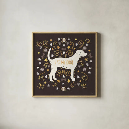 Otomi Dogs II Dark Neutral by Veronique Charron. Shown in a natural wood glass frame for a timeless modern aesthetic. Available as an archival giclee rolled canvas, fine art paper, or poster print. SKU 44040a.