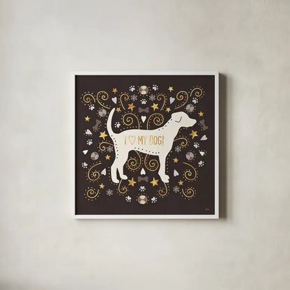 Otomi Dogs II Dark Neutral by Veronique Charron. Shown in a crisp white glass frame for a clean and minimalist style. Available as an archival giclee rolled canvas, fine art paper, or poster print. SKU 44040a.