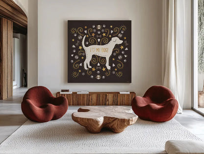 Otomi Dogs II Dark Neutral by Veronique Charron. Shown as extra-large giant wall art in a modern living room. Available as an archival giclee rolled canvas, fine art paper, or poster print. SKU 44040a.