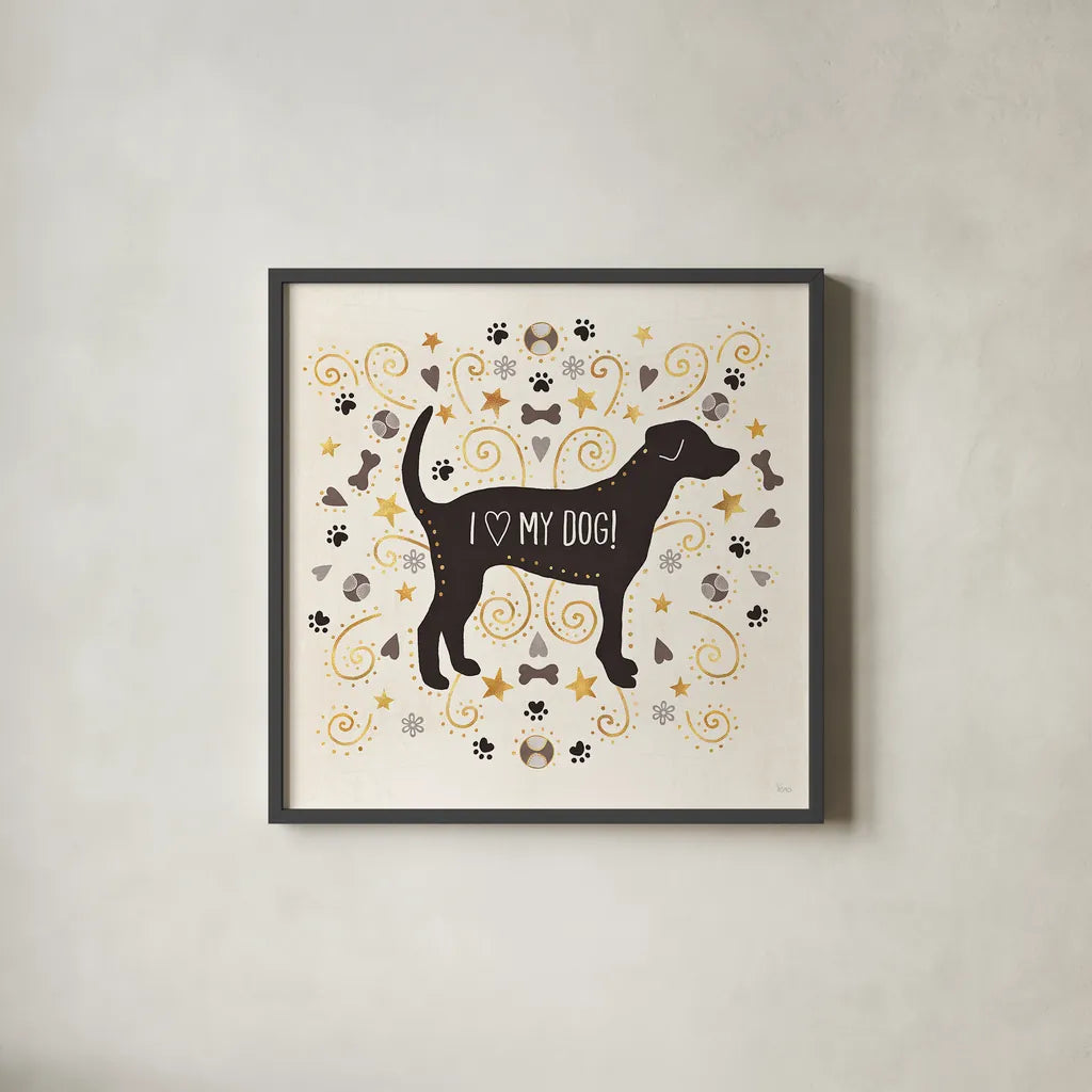 Otomi Dogs II Neutral by Veronique Charron. Shown in a sleek black glass frame for a contemporary gallery look. Available as an archival giclee rolled canvas, fine art paper, or poster print. SKU 44046a.