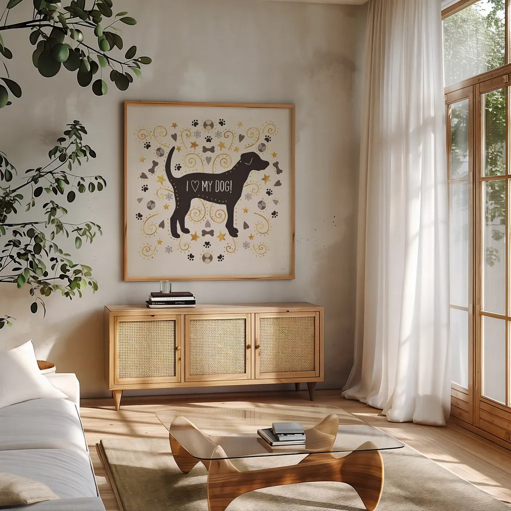 Otomi Dogs II Neutral by Veronique Charron. Shown in a natural wood frame in a cozy modern living room. Available as an archival giclee rolled canvas, fine art paper, or poster print. SKU 44046a.