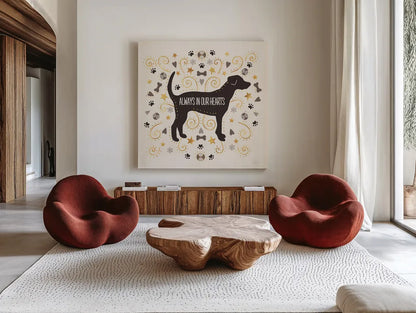 Otomi Dogs II Neutral Hearts by Veronique Charron. Shown as extra-large giant wall art in a modern living room. Available as an archival giclee rolled canvas, fine art paper, or poster print. SKU 52513a.