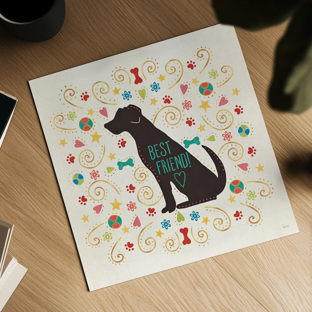 Otomi Dogs III by Veronique Charron. Shown as a detailed flat fine art print, highlighting archival giclee quality. Available as an archival giclee rolled canvas, fine art paper, or poster print. SKU 44029a.