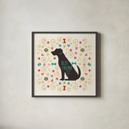 Otomi Dogs III by Veronique Charron. Shown in a sleek black glass frame for a contemporary gallery look. Available as an archival giclee rolled canvas, fine art paper, or poster print. SKU 44029a.