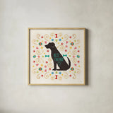 Otomi Dogs III by Veronique Charron. Shown in a natural wood glass frame for a timeless modern aesthetic. Available as an archival giclee rolled canvas, fine art paper, or poster print. SKU 44029a.