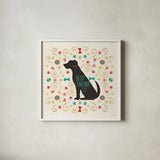 Otomi Dogs III by Veronique Charron. Shown in a crisp white glass frame for a clean and minimalist style. Available as an archival giclee rolled canvas, fine art paper, or poster print. SKU 44029a.