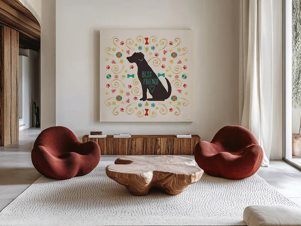 Otomi Dogs III by Veronique Charron. Shown as extra-large giant wall art in a modern living room. Available as an archival giclee rolled canvas, fine art paper, or poster print. SKU 44029a.