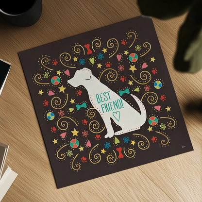 Otomi Dogs III Dark by Veronique Charron. Shown as a detailed flat fine art print, highlighting archival giclee quality. Available as an archival giclee rolled canvas, fine art paper, or poster print. SKU 44035a.