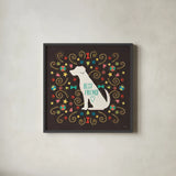 Otomi Dogs III Dark by Veronique Charron. Shown in a sleek black glass frame for a contemporary gallery look. Available as an archival giclee rolled canvas, fine art paper, or poster print. SKU 44035a.