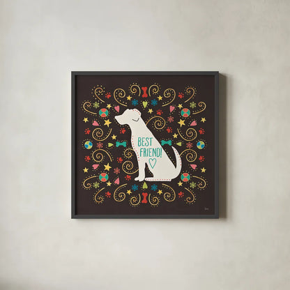 Otomi Dogs III Dark by Veronique Charron. Shown in a sleek black glass frame for a contemporary gallery look. Available as an archival giclee rolled canvas, fine art paper, or poster print. SKU 44035a.