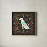 Otomi Dogs III Dark by Veronique Charron. Shown in a natural wood glass frame for a timeless modern aesthetic. Available as an archival giclee rolled canvas, fine art paper, or poster print. SKU 44035a.