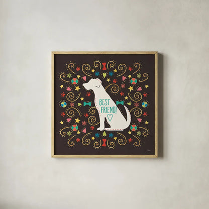 Otomi Dogs III Dark by Veronique Charron. Shown in a natural wood glass frame for a timeless modern aesthetic. Available as an archival giclee rolled canvas, fine art paper, or poster print. SKU 44035a.