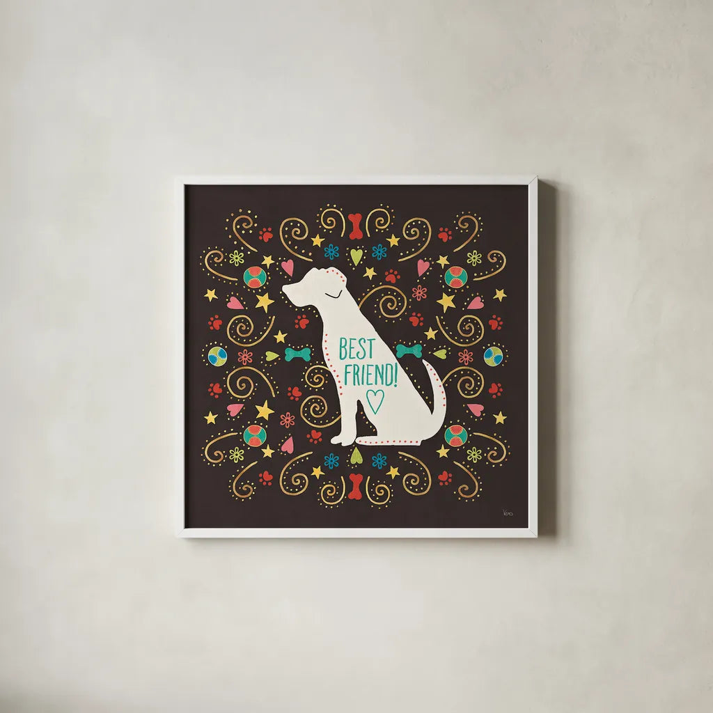 Otomi Dogs III Dark by Veronique Charron. Shown in a crisp white glass frame for a clean and minimalist style. Available as an archival giclee rolled canvas, fine art paper, or poster print. SKU 44035a.